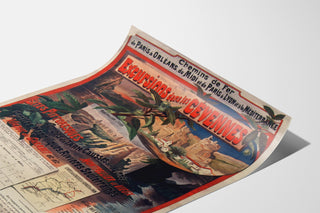 Vintage Cévennes poster, train excursions, presented on a curved sheet, perspective view.