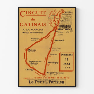 Vintage Circuit du Gâtinais, walking poster in a thin frame on a light wall.