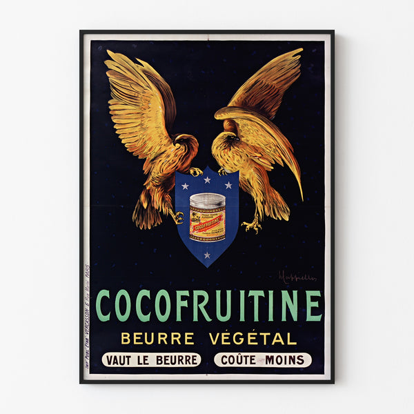 Vintage poster Cocofruitine, vegetable butter, displayed in a slim frame on a light wall.