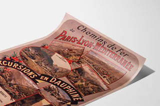 Vintage Dauphiné poster, PLM excursions, shown on a curled sheet, perspective view.