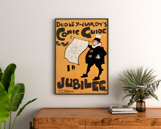 Vintage poster Dudley Hardy, Comic Guide, framed above a wooden dresser, flanked by plants.