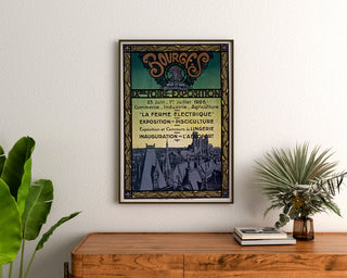 Vintage Bourges Fair-Exhibition poster, framed above a wooden dresser between plants.