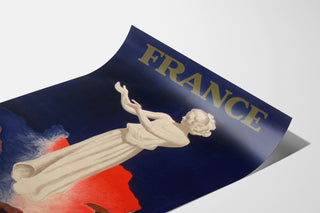 Vintage France poster, Paris exhibition 1937, shown on a curved sheet, viewed in perspective.