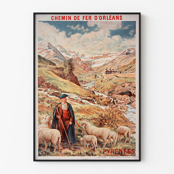 Vintage Gavarnie Chemin de fer d’Orléans poster, shown in a thin frame on a pale wall.