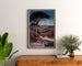 Vintage Hyères poster, framed above a wooden dresser, between plants.