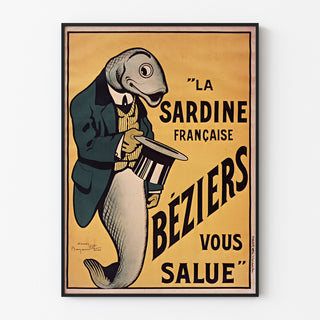 Vintage La Sardine française, Béziers poster, displayed in a thin frame on a light wall.
