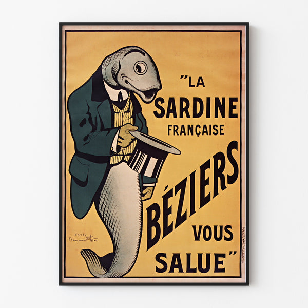 Vintage La Sardine française, Béziers poster, displayed in a thin frame on a light wall.