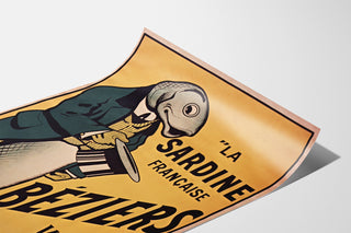 Vintage poster La Sardine française, Béziers, shown on a curled sheet, perspective view.