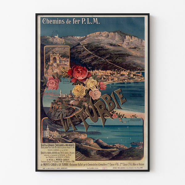 Vintage La Turbie poster, PLM railways, shown in a slim frame on a light wall.