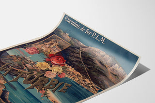 Vintage La Turbie poster, PLM railways, presented on a curled sheet, viewed in perspective.
