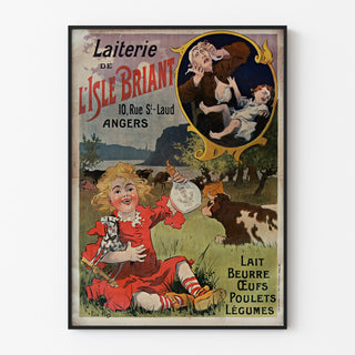 Vintage Laiterie de l’Isle Briant, Angers poster, displayed in a thin frame on a light wall.