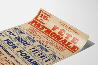 Vintage Le Merlerault poster, village fête, shown on a curved sheet, viewed in perspective.