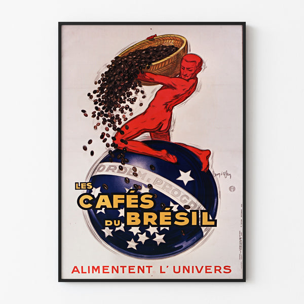 Vintage Les Cafés du Brésil poster, framed in a thin frame on a light wall.