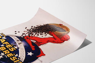 Vintage Les Cafés du Brésil poster displayed on a curved sheet, shown in perspective.