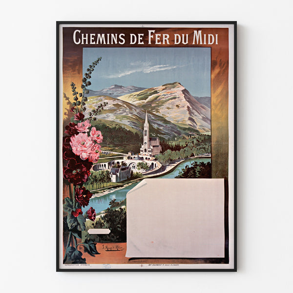 Vintage Lourdes Chemins de fer du Midi poster, shown in a thin frame on a pale wall.