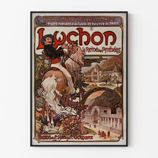 Vintage Luchon poster, the queen of the Pyrenees, displayed in a thin frame on a light wall.
