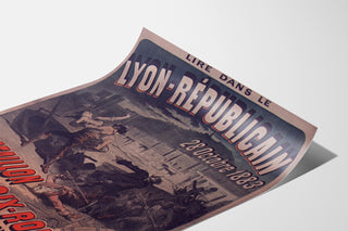 Vintage poster Lyon Républicain, Bataillon Croix‑Rousse, on a curled sheet, shown in perspective.