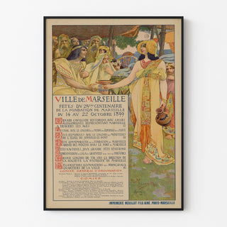 Vintage Marseille poster, Fêtes du Centenaire, displayed in a slim frame on a light wall.