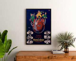 Vintage poster Monet & Goyon, machines, framed above a wooden dresser, flanked by plants.