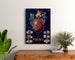 Vintage poster Monet & Goyon, machines, framed above a wooden dresser, flanked by plants.
