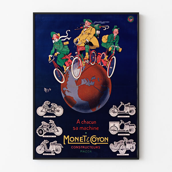 Vintage poster Monet & Goyon, machines, in a slim frame on a light wall.