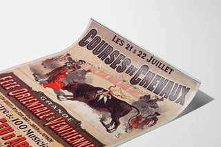 Vintage Mont-de-Marsan poster, festivals and races, shown on a curled sheet, perspective view.