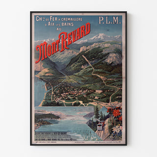 Vintage Mont-Revard poster, rack railway, displayed in a thin frame on a light wall.