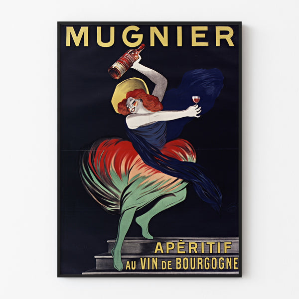 Vintage Mugnier. Apéritif au vin de Bourgogne poster, shown in a slim frame on a light wall.