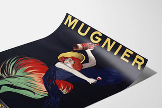 Vintage Mugnier. Apéritif au vin de Bourgogne poster, shown on a curled sheet in perspective.