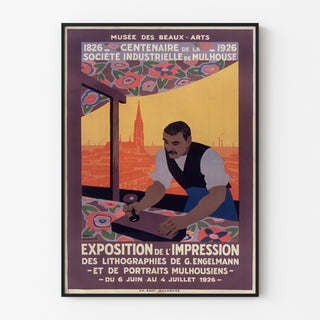 Vintage Mulhouse lithographic exhibition poster, displayed in a slim frame on a light wall.