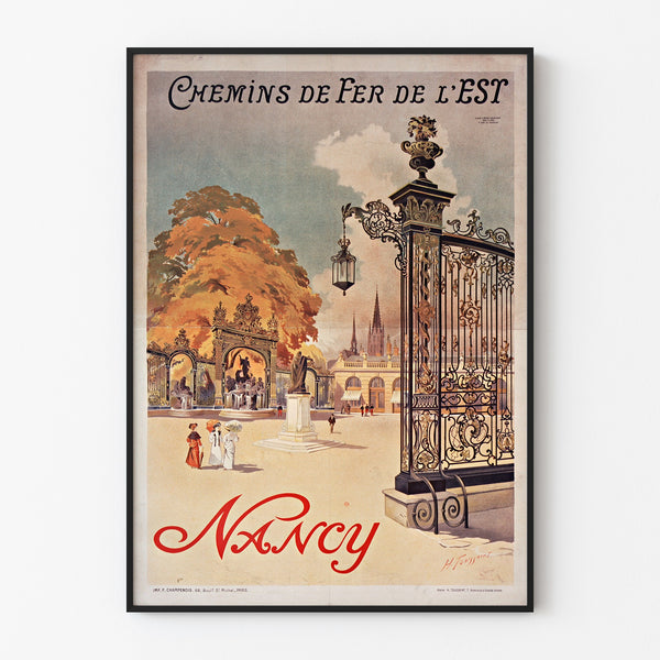 Vintage Nancy poster, Chemins de fer de l’Est, shown in a slim frame on a light wall.