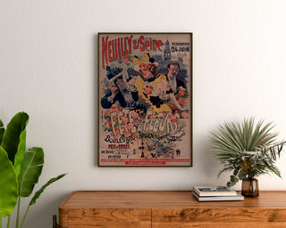Vintage poster Neuilly, Flower Festival, 1894, framed above a wooden dresser, between plants.