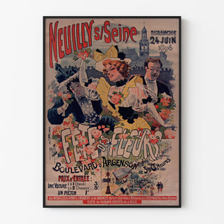 Vintage poster Neuilly, Flower Festival, 1894, shown in a slim frame on a light wall.
