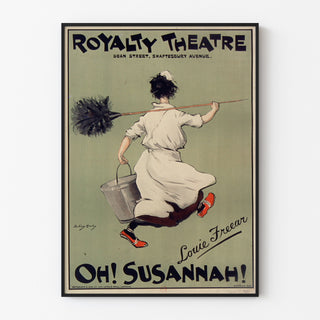 Vintage poster Oh! Susannah!, Royalty Theatre, displayed in a slim frame on a light wall.
