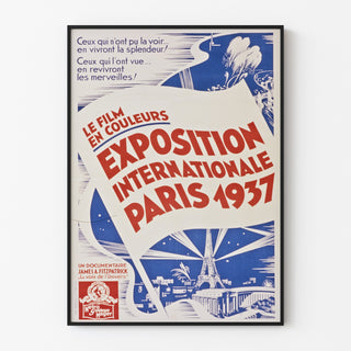 Vintage Paris 1937 poster, international exhibition, displayed in a thin frame on a light wall.
