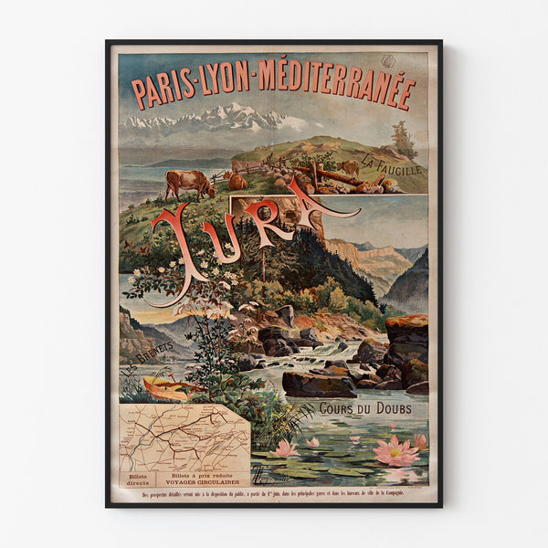 Vintage Paris Lyon Méditerranée, Jura poster in a thin frame on a light wall.