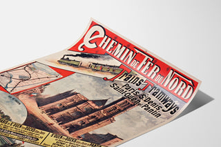 Vintage poster Paris, Saint-Denis, trains and trams, displayed on a curved sheet, perspective view.