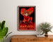 Vintage Rapidol poster, framed above a wooden dresser between plants.