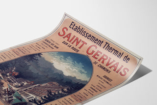 Vintage Saint-Gervais, spa establishment poster, shown on a curved sheet, seen in perspective.