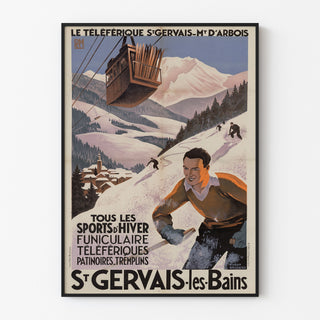 Vintage Saint-Gervais, Mont-d’Arbois poster, displayed in a thin frame on a light wall.
