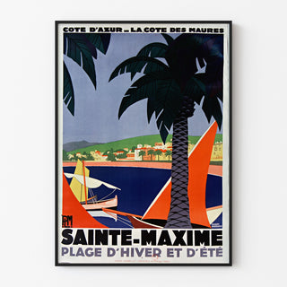 Vintage Sainte-Maxime poster, Côte des Maures, shown in a slim frame on a light wall.