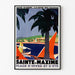 Vintage Sainte-Maxime poster, Côte des Maures, shown in a slim frame on a light wall.