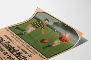 Vintage Sarreguemines poster, football match, shown on a curved sheet, perspective view.