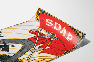Vintage Stemt SDAP election poster, presented on a curled sheet, viewed in perspective.