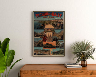 Vintage Thonon-les-Bains poster, framed above a wooden dresser, between plants.