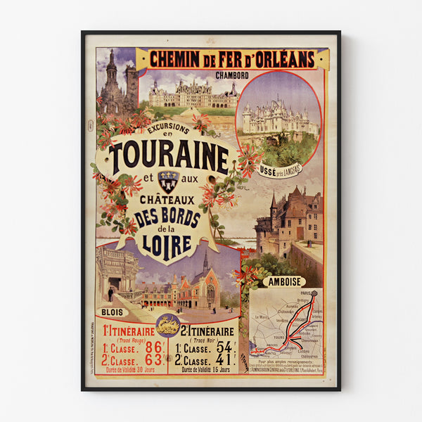Vintage Touraine poster, Loire castles, shown in a slim frame on a pale wall.
