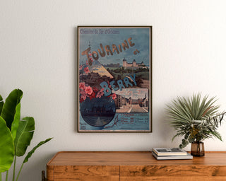 Vintage Touraine et Berry, châteaux poster framed above a wooden dresser between plants.