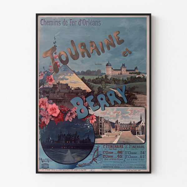 Vintage Touraine and Berry poster, castles, shown in a slim frame on a pale wall.