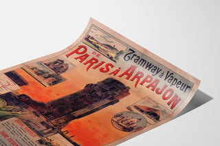 Vintage tram poster Paris–Arpajon, displayed on a curved sheet, perspective view.