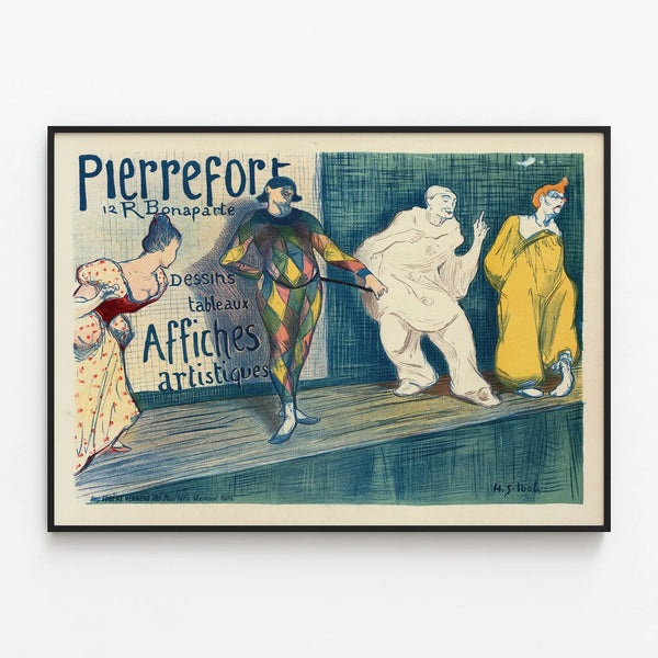 Vintage artistic poster Pierrefort for wall decoration — framed artwork on a wall
